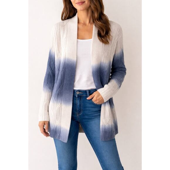 Purejill Sweaters - Purejill Blue Ivory Ombre Cable Knit Open Front Cardigan Sweater Small Runs Big